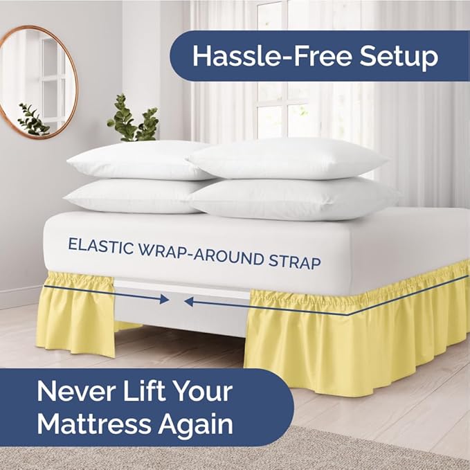 Wrap Around Dust Ruffle Bed Skirt - Yellow - for King Size Beds with 15 Inch Drop - Easy Fit Elastic Strap - Adjustable Pleated Bedskirt w/Brushed Fabric - Wrinkle Free - for Women, Men, Kids & Teens
