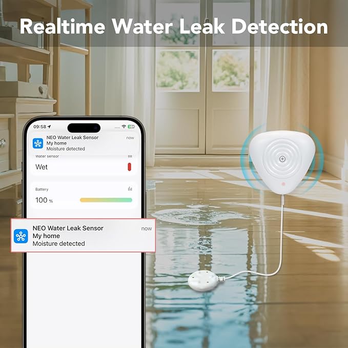 NEO Zigbee Water Sensor, Smart Water Leak Detector for Home, Requires Zigbee Hub, Compatible with SmartThings and Home Assistant (ZHA & Z2M) (2 Pack, Piece, 2)