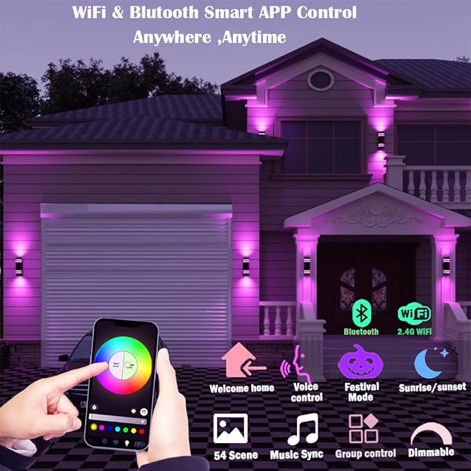 rosykite Smart Outdoor Wall Lights Color Changing 2 Pack, RGB+2700K-6500K Modern Exterior Lighting Fixtures Cylinder Outside Wall Sconce with Glass, WiFi APP Control Up Down Outdoor Porch Lights