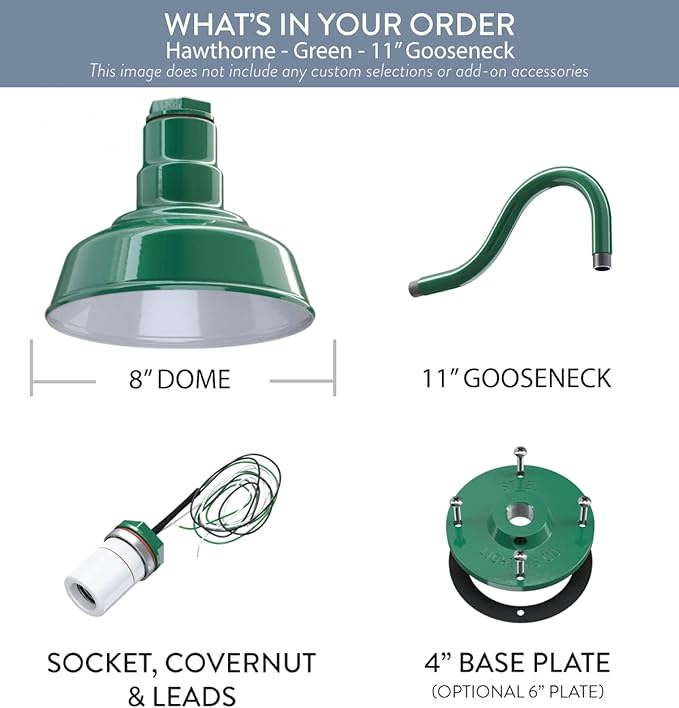 Steel Lighting Co. Hawthorne Barn Light | Outdoor Wall Mounted | 8 inch Dome | 11 inch Gooseneck| Small Farmhouse Light Made in America | Green Exterior/White Interior
