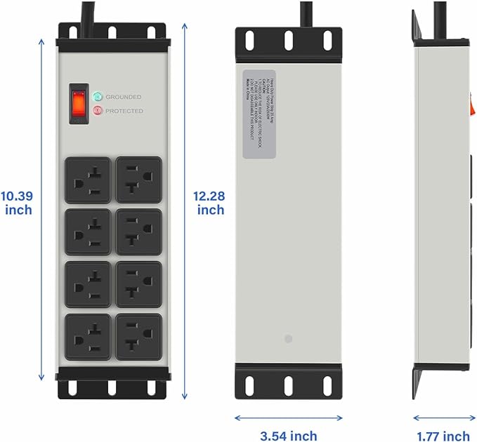 CCCEI 2PCS Heavy Duty Power Strip Surge Protector 20 AMP, 8 Outlets 12 Gauge Shop Garage Metal Multiple Outlets, 15 FT Extension Cord 5-15P Adapter High Amp 6-20R T-Slot 20a for Appliance Grey.