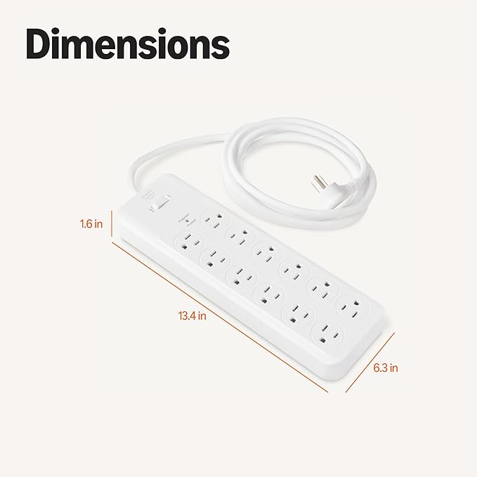 Amazon Basics Surge Protector Power Strip, 12-Outlet, 4000 Joules, 8ft Extension Cord, Rectangle, for Home, Office, Gaming Room, White