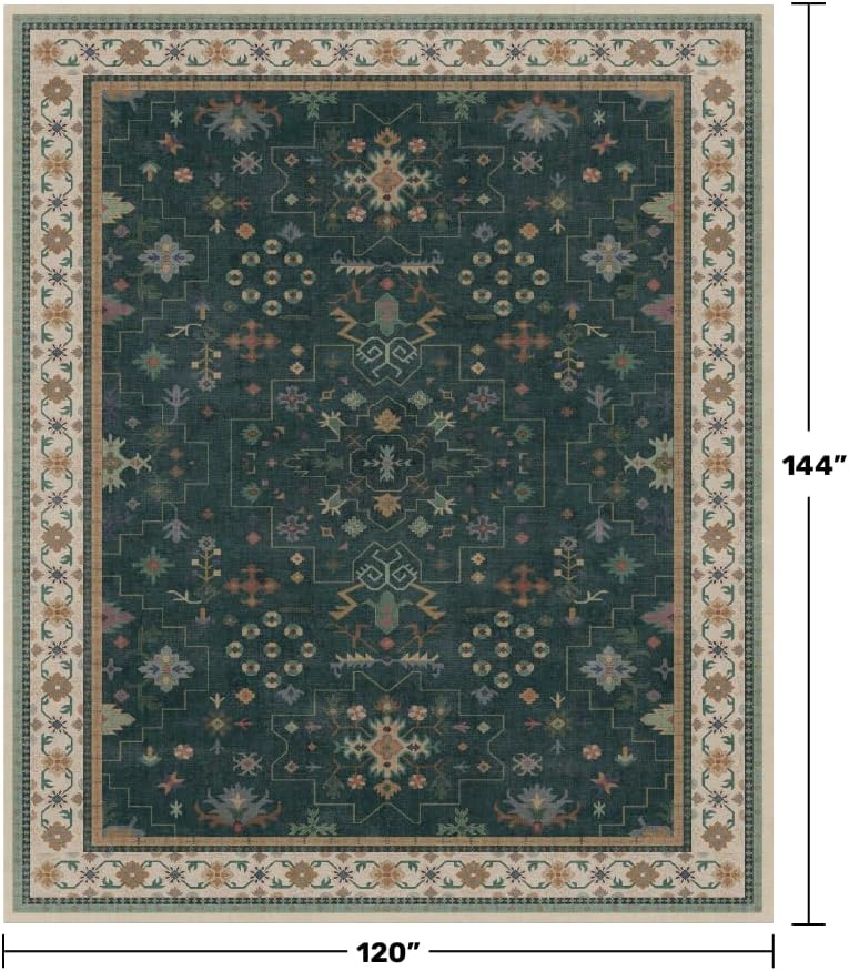 Hazo Haus Dark Green Oushak Living Room Rug 10x12 - Modern Vintage Boho Eclectic Floral Pastel, Washable Low Pile Non-Slip Extra Large Area Rugs for Dining Under Table Bedroom Lounge - Image 2