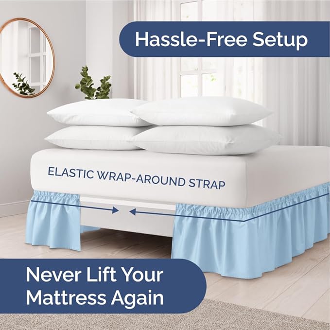 Wrap Around Dust Ruffle Bed Skirt - Light Blue - for Queen Size Beds with 15 Inch Drop - Elastic Strap - Adjustable Pleated Bedskirt with Brushed Fabric and Wrinkle Free - For Women, Men, Kids & Teens