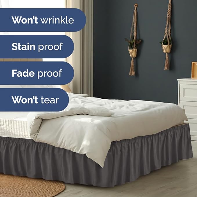 Wrap Around Dust Ruffle Bed Skirt - Charcoal - Twin/Twin XL Size Beds w/ 15 Inch Drop - Easy Fit Elastic Strap - Adjustable Pleated Bedskirt w/Brushed Fabric - Wrinkle Free - Women, Men, Kids & Teens