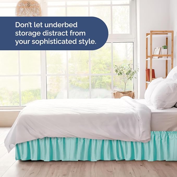 Wrap Around Dust Ruffle Bed Skirt - Spa Blue - for Queen Size Beds with 12 Inch Drop - Elastic Strap - Adjustable Pleated Bedskirt with Brushed Fabric and Wrinkle Free - for Women, Men, Kids & Teens