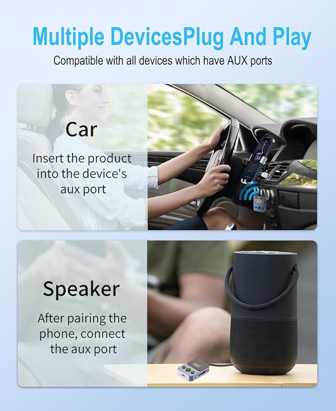 BabbleCom Bluetooth 5.3 Transmitter Receiver, 2-in-1 Adapter for Airplane, Bluetooth Transmitter for 3.5mm Aux Jacks Headphone, TV, Home Stereo, Speakers, Headphone, Car, Dual Connection