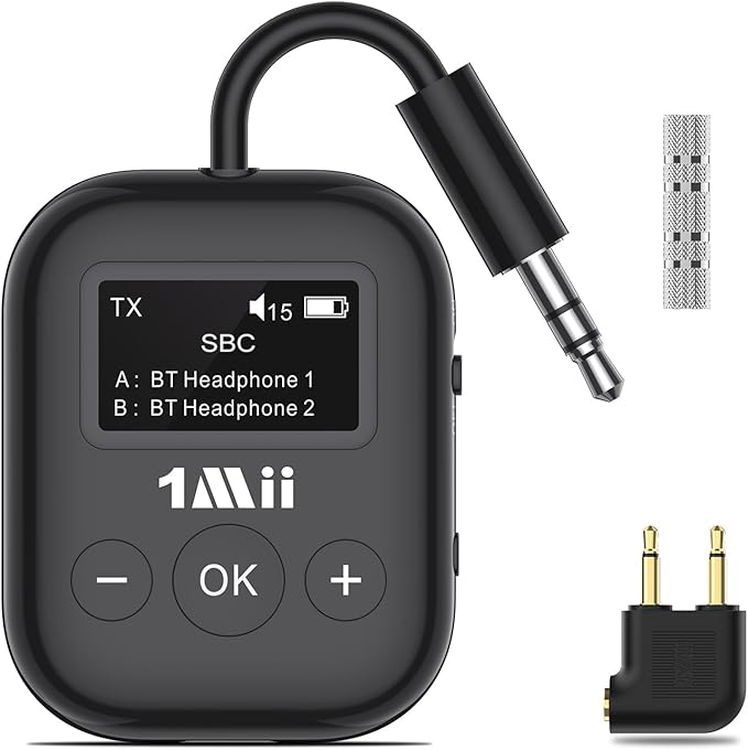 1Mii Airplane Bluetooth 5.3 Transmitter for All Headphones - Bluetooth Adapter for TV - Dual Connection - aptX Low Latency - Flying Travel, Wireless Audio Aux for MP3, Game,PC-Black