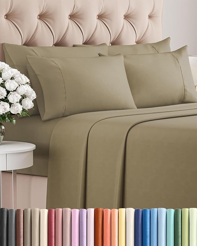 Full 6 Piece Sheet Set - Cooling, Comfy & Breathable - Hotel Luxury Bedding, Includes Fitted Sheet for Women, Men, Kids and Teens - 1 Flat, 1 Fitted Sheet, 4 Pillowcases with Deep Pockets - Khaki