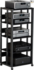 jvsufuik 5-Tier AV Media Stand with Wheels, Media Console Cabinet With Adjustable Shelves, Metal Audio Rack, Mobile Game Console Stand, Stereo Audio Cabinet For Record Player, Dvd, TV Box