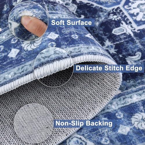 Yamaziot Washable Runner Rug, 2x5 Non-Slip Boho Vintage Hallway Rug Runner with Rubber Backing, Stain Resistant & Low Pile Faux Wool Distressed Carpet Runner for Kitchen, Laundry, Entrance, Blue - Image 4