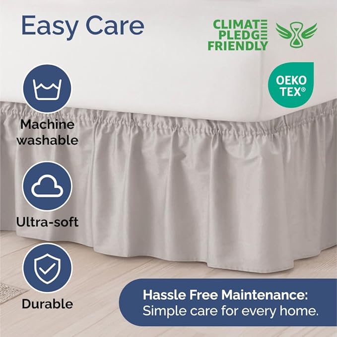 Wrap Around Dust Ruffle Bed Skirt - Light Grey - Twin/Twin XL Size Beds with 18 Inch Drop - Elastic Strap - Adjustable Pleated Bedskirt with Brushed Fabric and Wrinkle Free - Women, Men, Kids & Teens