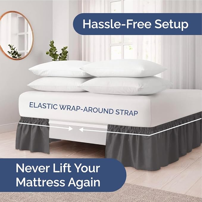 Wrap Around Dust Ruffle Bed Skirt - Charcoal - for Full Size Beds w/ 15 Inch Drop - Easy Fit Elastic Strap - Adjustable Pleated Bedskirt w/Brushed Fabric - Wrinkle Free - for Women, Men, Kids & Teens