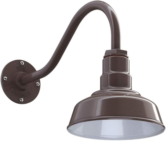 Steel Lighting Co. Hawthorne Barn Light | Outdoor Wall Mounted | 8 inch Dome | 16 inch Gooseneck| Small Farmhouse Light Made in America | Dark Bronze Exterior/White Interior