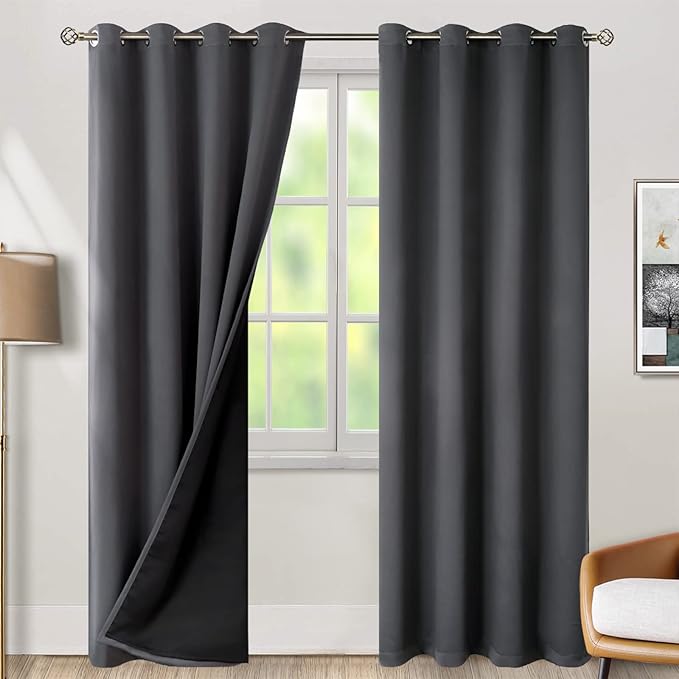 BGment Thermal Insulated 100% Blackout Curtains for Bedroom with Black Liner, Double Layer Full Room Darkening Noise Reducing Grommet Curtain (52 x 90 Inch, Dark Grey, 2 Panels)
