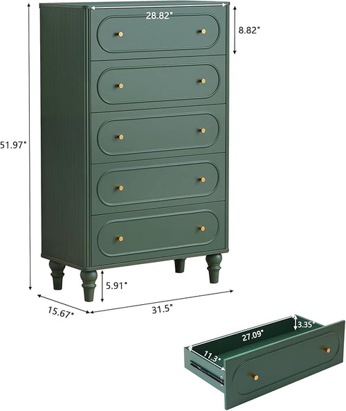 5 Drawer Fluted Dresser for Bedroom Set of 2, Mid Century Modern Chest of Drawers, Wood Storage Large Dresser Organizer for Bedroom Living Room Hallway Closet, Green