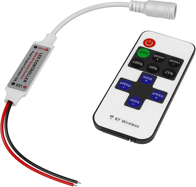 RF Mini Wireless Remote Controller for Single Color 3528 5050 LED Strip Lights, Wireless Remote Control with DC to Wire Connector, RF Dimmer