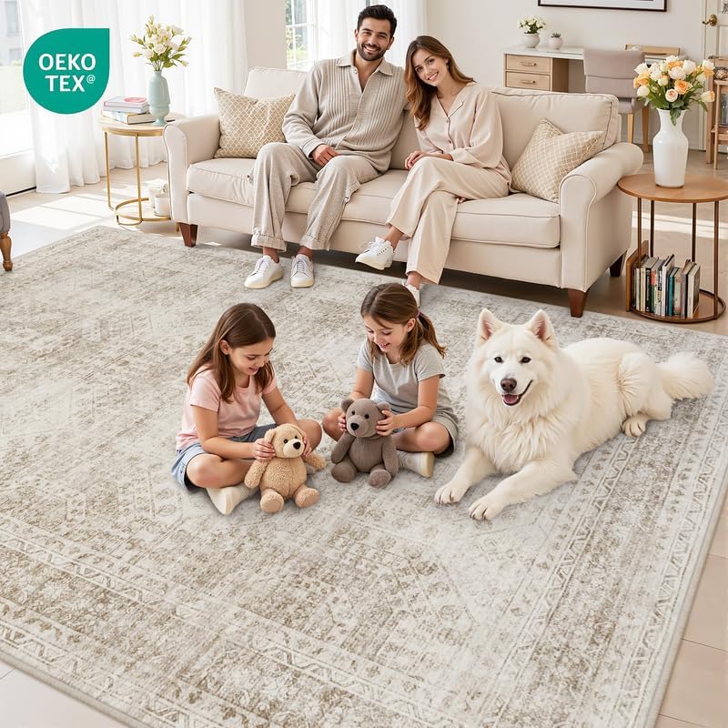 Area Rugs 9x12 Living Room: Bedroom Neutral Washable Carpet Brown - Image 7