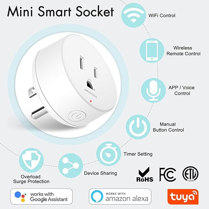 WiFi Smart Outlet Plug with Remote,GreenCycle Electric Smart Plug with Wall Switch,Compatible with Alexa and Google Home via Tuya,15A/1500W，Remote Control from Anywhere,TUV FCC List(2.4G)