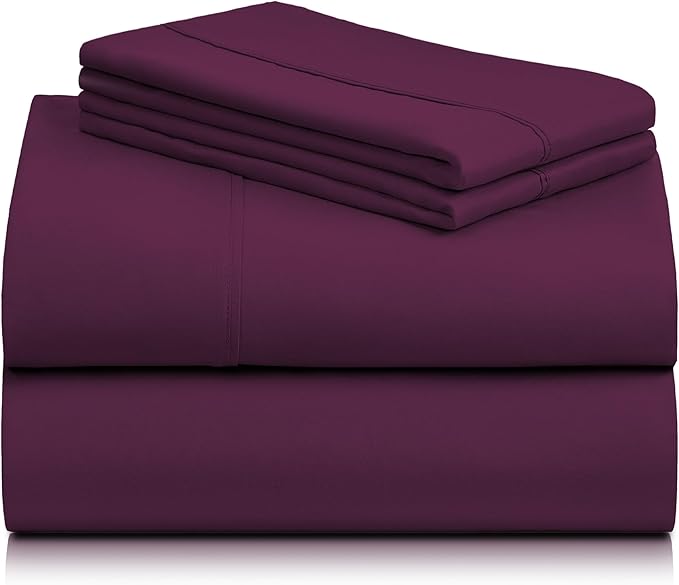LuxClub 4 PC Full Sheet Set, Deep Pockets Wrinkle Free Cooling Bed Sheets Hotel Bedding for Women, Men, Kids & Teens, Includes 1 Fitted Sheet, 1 Flat Sheet and 2 Pillowcases-Soft Eggplant