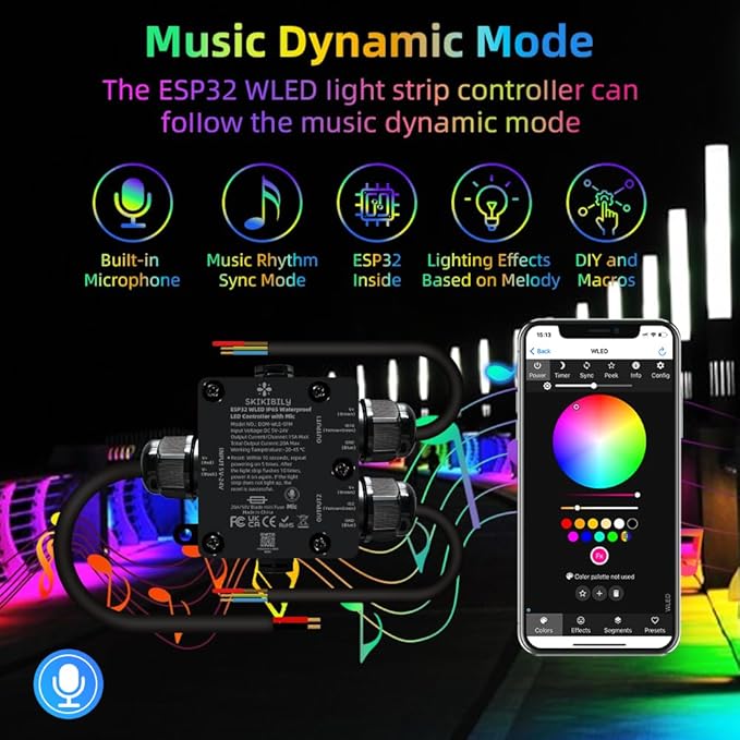 Skikibily ESP32 WLED LED Controller with Mic for Music Sync, APP/Web Control, IP65 Waterproof, 5V/12V/24V WS2812B SK6812 WS2811 RGBIC Addressable LED Strip Lights, 20A Output Fuse Protection
