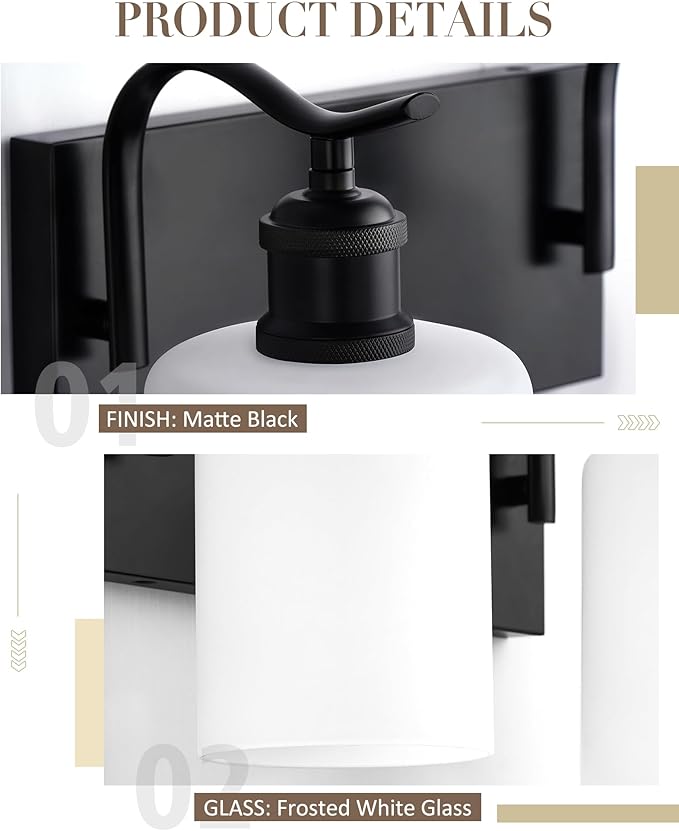 Black Vanity Light, 2-Light Bathroom Light Fixture, Modern Wall Sconce with Milk Glass, VL01BKW-2