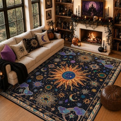 Vacuum-Friendly, 9x12 Washable Area Rug, Black Purple Gold by meejou