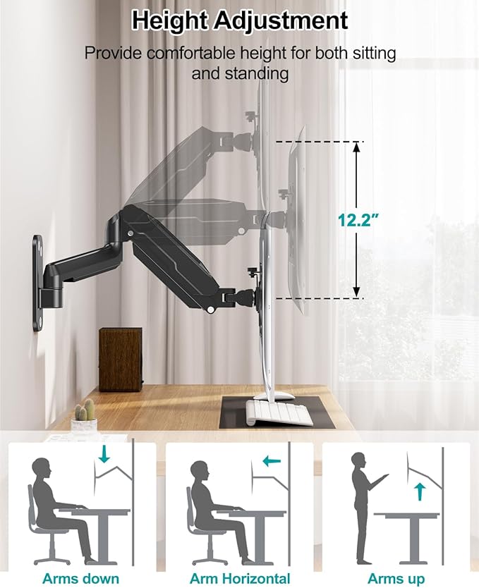 LIFTGO Monitor Wall Mount for 13 to 32 Inch Computer Screens, Height Adjustable Single Wall Mount Monitor Arm Holds Up to 19.8lbs, Full Motion Wall Bracket, VESA Mount 75x75, 100x100, Black