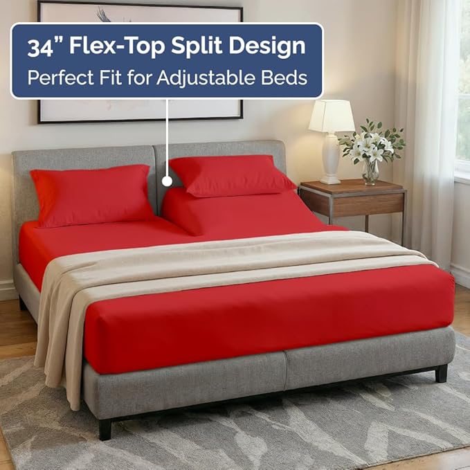 Split Head King Sheet Set – 4 Piece Flex Split Top King Sheets for Adjustable Beds - Fits 14” to 16" Mattress with Deep Pockets - Ultra-Soft, Breathable & Cooling - Luxury Bedding & Wrinkle Free - Red
