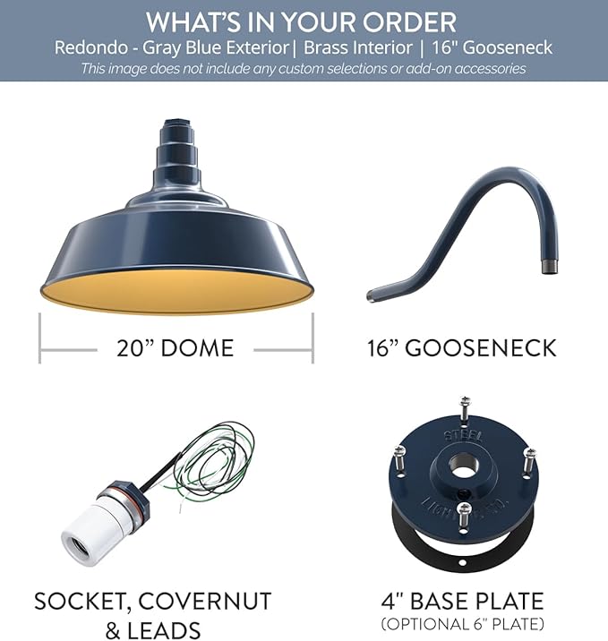Steel Lighting Co. Large Outdoor Barn Light | Gooseneck Light Fixture | Made in America from 18-Gauge Steel | 20" Dome | 16" Gooseneck Gray Blue Exterior/Brass Interior