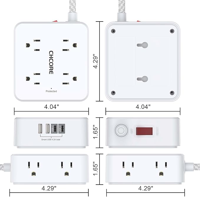 Surge Protector Power Strip - CHCORE 15Ft Braided Extension Cord with 8 Outlets with 4 USB (2 USB C) Charging Ports, Flat Plug Multi Plug Outlet Extender Charging Station for Home Office, ETL, White