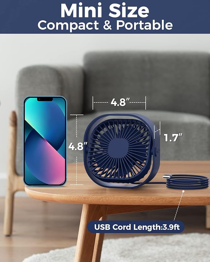 RJVW 4 Inch Small USB Desk Fan, 3-Speed Portable & 360°Rotatable Mini Cooling Fan, USB-Powered Desktop Fan for Home Office Bedroom Dorm Indoor Outdoor Summer Gift