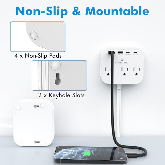 TRAVEL DEPOT Cruise Essentials Flat Plug Power Strip, Durable 5 ft Extension Cord w/ 3 Outlets Extender & Built-In Type C Cable, 2 USB & 2 USB-C Ports, No Surge Protector for Cruise Travel, Dorm, Home