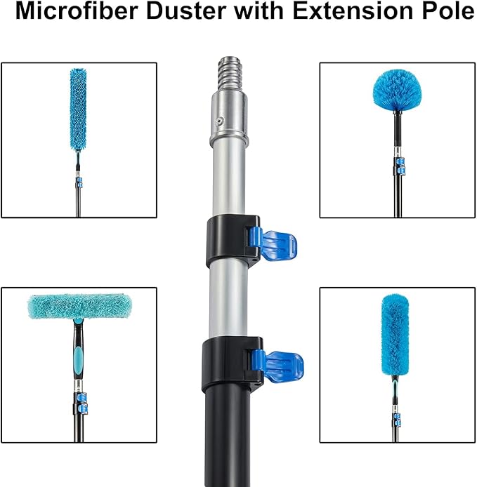 Hicavar 25 Foot High Ceiling Fan Duster with 6-18 Foot Extension Pole, Extendable Reusable Cobweb, Feather, Window Cleaning Squeegee Kit