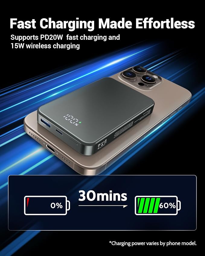 POAQCIF for Magsafe Portable Charger, Aluminum Alloy Small 10000mAh 20W PD Magnetic Power Bank, USB-C in&Out Wireless Battery Pack Phone Charger for iPhone 16/15/14/13/12 Plus Pro Max Series -Gray