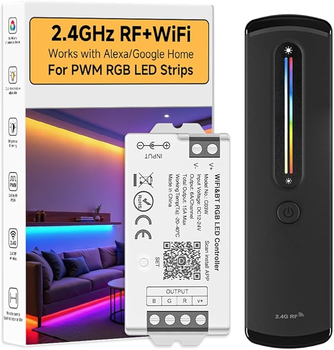 BTF-LIGHTING RF 2.4GHz Wireless Remote RC09RFB & C03W 2.4GHz Tuya WiFi Controller Kit Alexa Google Home Color Adjustment APP Control for RGB PWM 5050SMD FCOB (+ R G B) 4PIN LED Strip DC12V DC24V