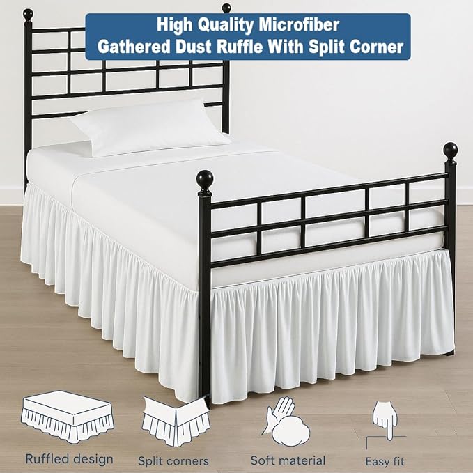 Ruffled Bed Skirt Split Corners with Platform, Tailored Fit Hotel Quality Wrinkle Free Ultra-Soft Microfiber Dust Ruffle, Upto 28 Inch Drop, Twin, White