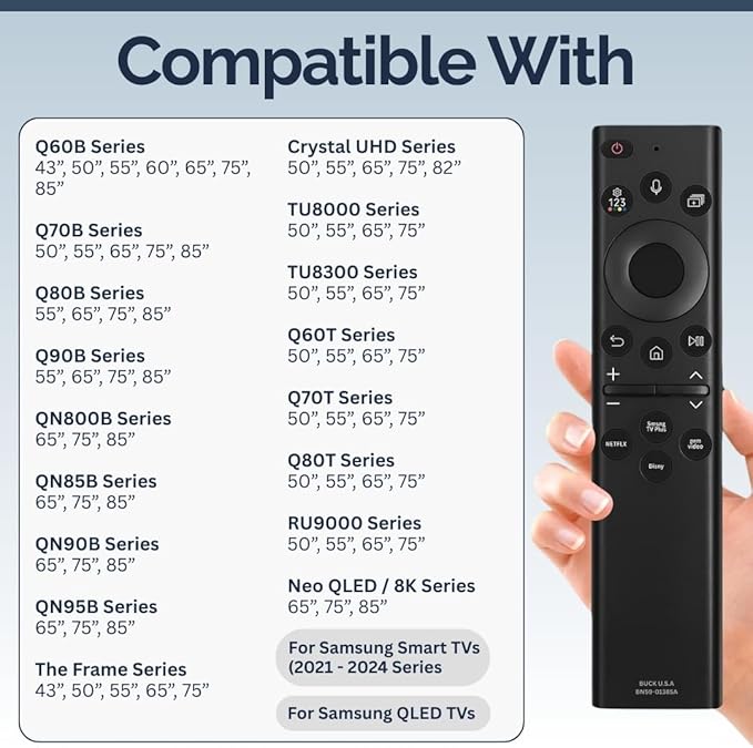 2 Pack BN59-01385A Samsung TV Remote Control Replacement for Smart TV - Easy Setup, Universal IR Voice Remote, Solarcell - Works with Samsung QLED, Frame, Crystal UHD, 4K, & LED Smart TVs