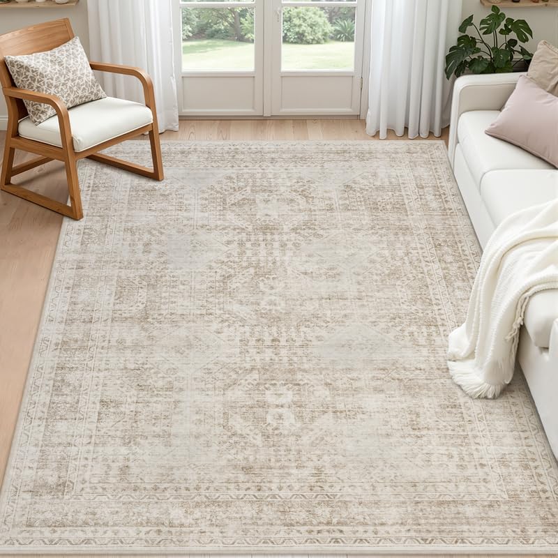 6x9 Area Rugs Living Room: Bedroom Neutral Washable Carpet Brown by Luxturiy
