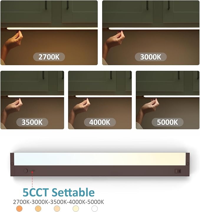 Leetdud Under Cabinet Lighting Plug in or Hardwired Built-in Dimmer, 12 Inch 6W, 5CCT 2700/3000/3500/4000/5000K, Linkable Counter Lights for Kitchen, ETL Dimmable LED Light Fixture, Bronze