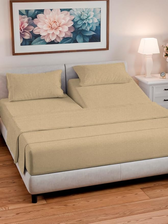 Split Head King Sheet Set – 4 Piece Flex Split Top King Sheets for Adjustable Beds - Fits 14” to 16" Mattress w/ Deep Pockets - Breathable & Cooling - Luxury Bedding and Wrinkle Free - Heathered Tan