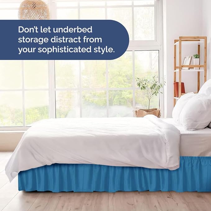 Wrap Around Dust Ruffle Bed Skirt - Denim Blue - for Queen Size Beds with 21 Inch Drop - Elastic Strap - Adjustable Pleated Bedskirt with Brushed Fabric and Wrinkle Free - For Women, Men, Kids & Teens