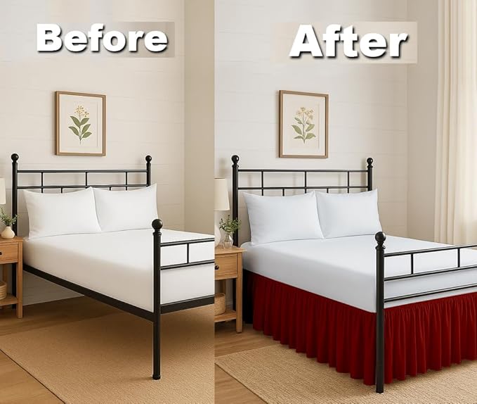 Ruffled Bed Skirt Split Corners with Platform, Tailored Fit Hotel Quality Wrinkle Free Ultra-Soft Microfiber Dust Ruffle, Upto 10 Inch Drop, Queen, Burgundy