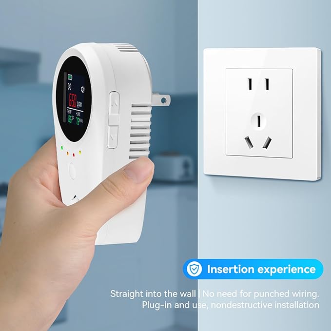 2PCS 5-in-1 Rechargeable Carbon Monoxide & Natural Gas Detectors with Temperature/Humidity LCD Display & 2000mAh Lithium-ion Battery, Portable Plug in Co Detector for Home Travel RV Essentials