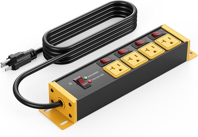 CCCEI Heavy Duty Surge Protector Power Strip 20 Amp Individual Switches. 25FT 12 Gauge Extension Cord with Multiple Outlets. Kitchen, Garage, Shop, Industrial Wall Mount Electric Extender, Yellow.