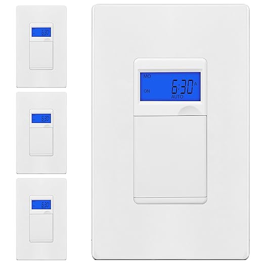Enerlites 7 Days Digital in-Wall Programmable Timer Switch for Lights, Fans, and Motors, Single Pole, Neutral Wire Required, 7-Day 18 ON/Off Timer Settings, with Blue Backlight, HET01, White, 4 Pack
