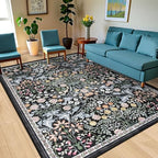 PLHXFR Area Rug 10x12 Living Room: Floral Washable Boho Carpet Dark Black - Image 2