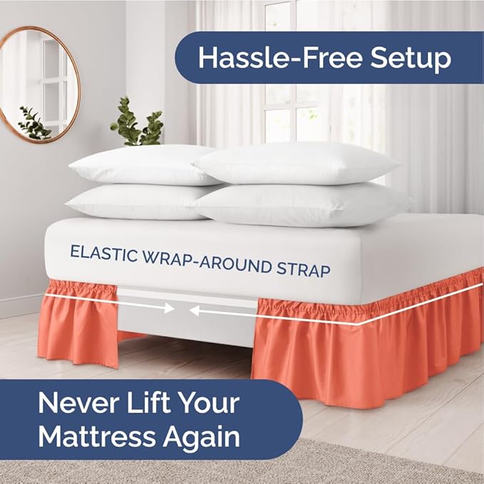 Wrap Around Dust Ruffle Bed Skirt - Coral - Twin/Twin XL Size Beds with 12 Inch Drop - Easy Fit Elastic Strap - Adjustable Pleated Bedskirt w/Brushed Fabric - Wrinkle Free - Women, Men, Kids & Teens