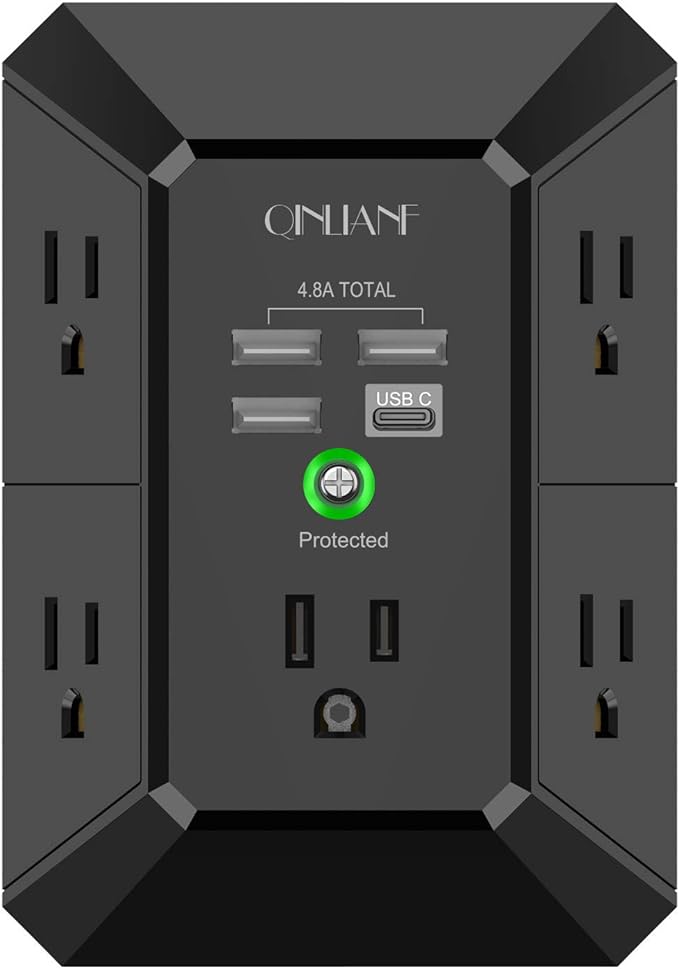USB Wall Charger, Surge Protector, QINLIANF 5 Outlet Extender with 4 USB Charging Ports (4.8A Total) 3-Sided 1680J Power Strip Multi Plug Outlets Wall Adapter Spaced for Home Travel Office, Black