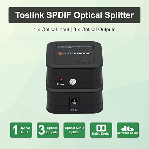 J-Tech Digital Toslink Optical Splitter 1 in 3 Out for TV, Toslink Splitter 1x3 Audio Splitter Supports LPCM2.0, Digital 5.1 Audio for Soundbar AV Receiver Gaming Console [JTD-SP0103]